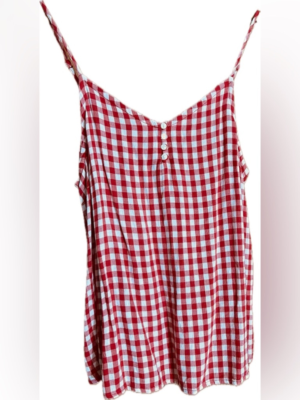 Red and White Gingham Viscose Spaghetti Strap Summer Top - Size M